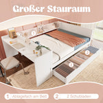 Wooden Bed with Desk and Storage Drawers, 140x200cm, Pine and White