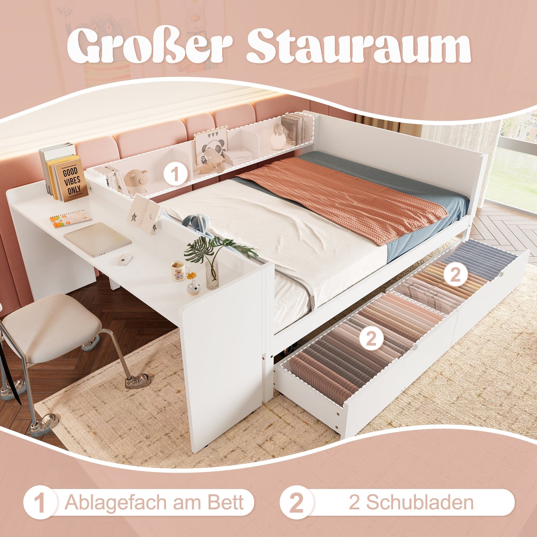 Wooden Bed with Desk and Storage Drawers, 140x200cm, Pine and White