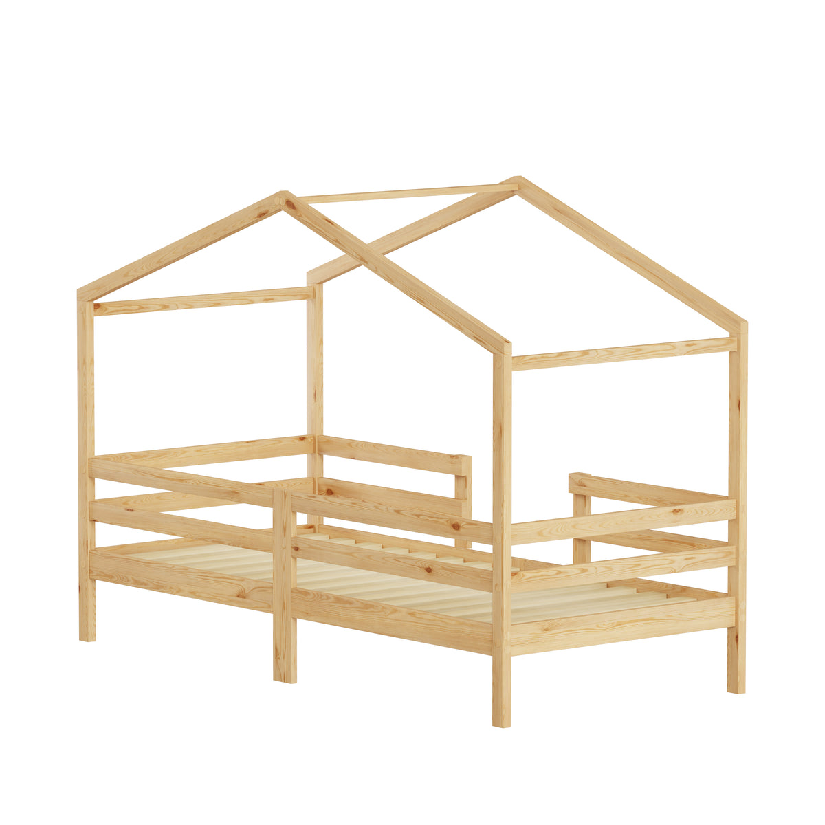 Children's House Bed 90x200cm Roof Design, Natural Solid Pine