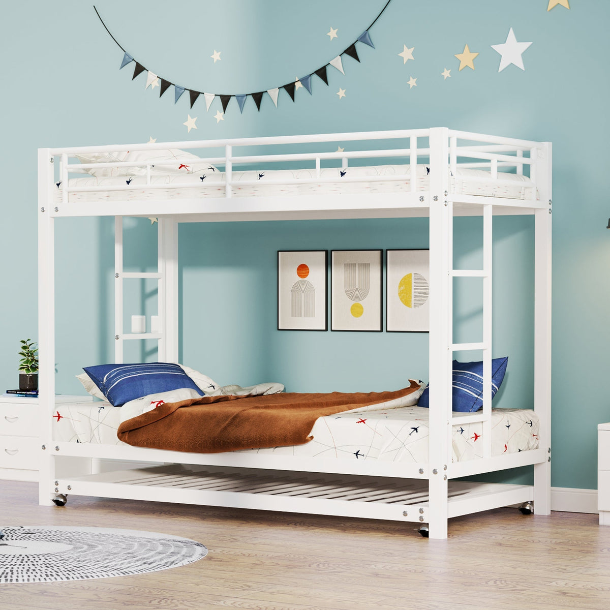 Bunk Bed 90x200cm Pull-out Bed High Railings - White