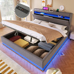 Upholstered Bed 180x200 with Storage & LED Light, Grey Linen