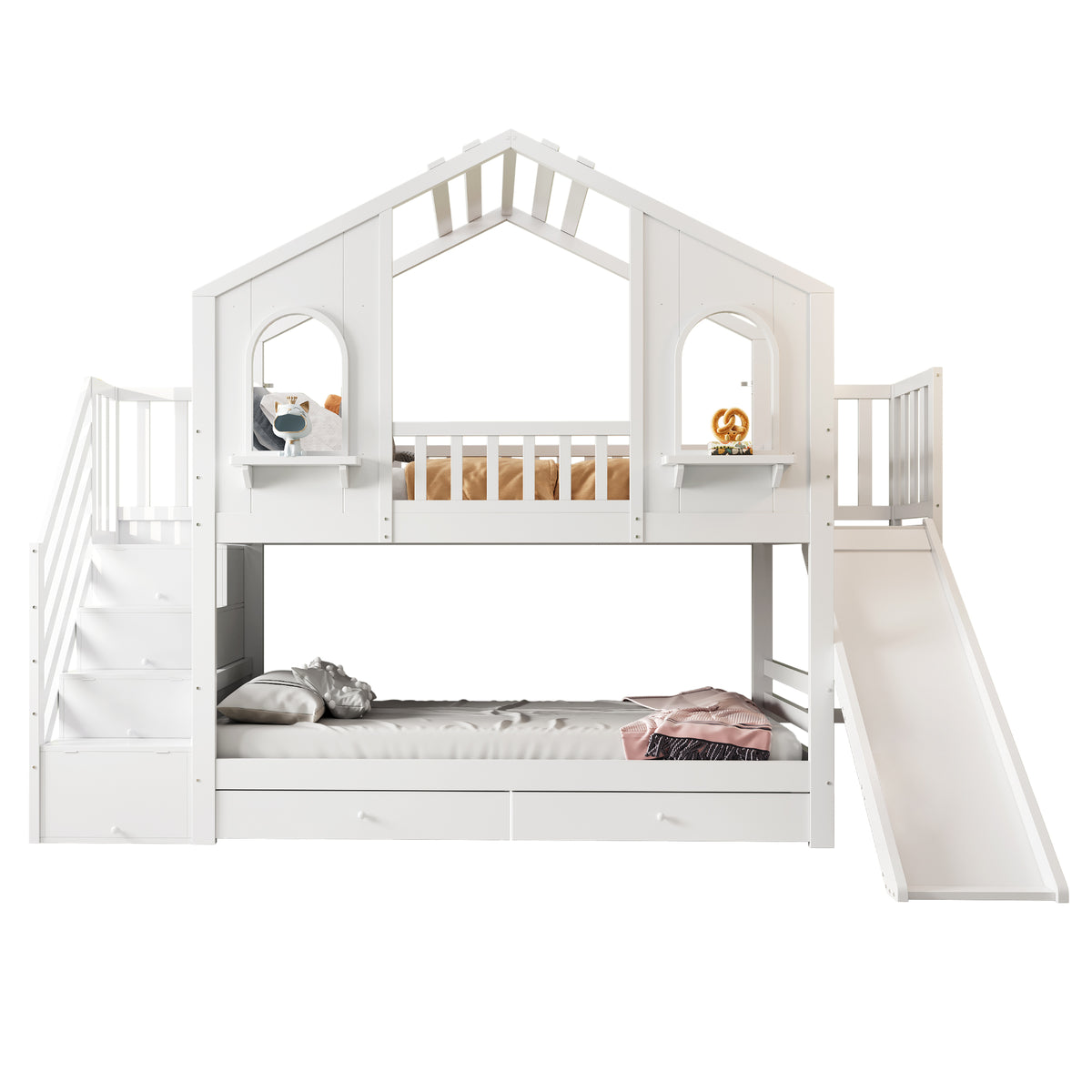 Children's Bunk Bed 90x200 House Shape with Ladder & Slide, White