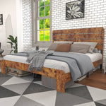 Wooden Double Bed 140x200cm High Headboard Frame, Antique Wood/Iron
