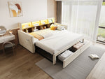 Extendable Upholstered Sofa Bed with LED Headboard, Storage and USB Charging, Beige Velvet