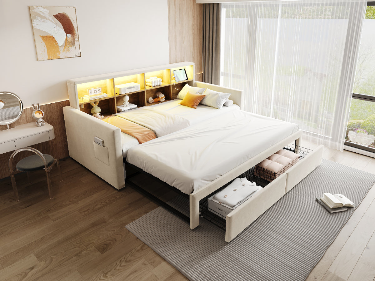 Extendable Upholstered Sofa Bed with LED Headboard, Storage and USB Charging, Beige Velvet