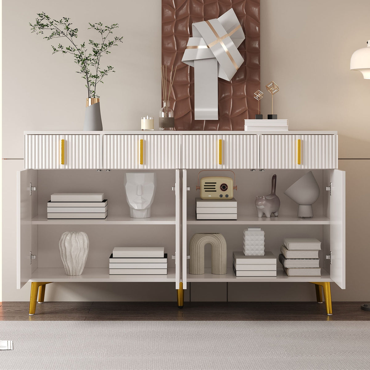 Sideboard, 4 Doors 4 Drawers, Gold Handles Legs, White MDF