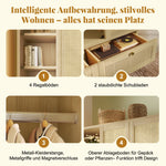 Wardrobe with 2 Doors, Rattan Weave, Shelves, Clothes Rail and 2 Drawers, Oak Look