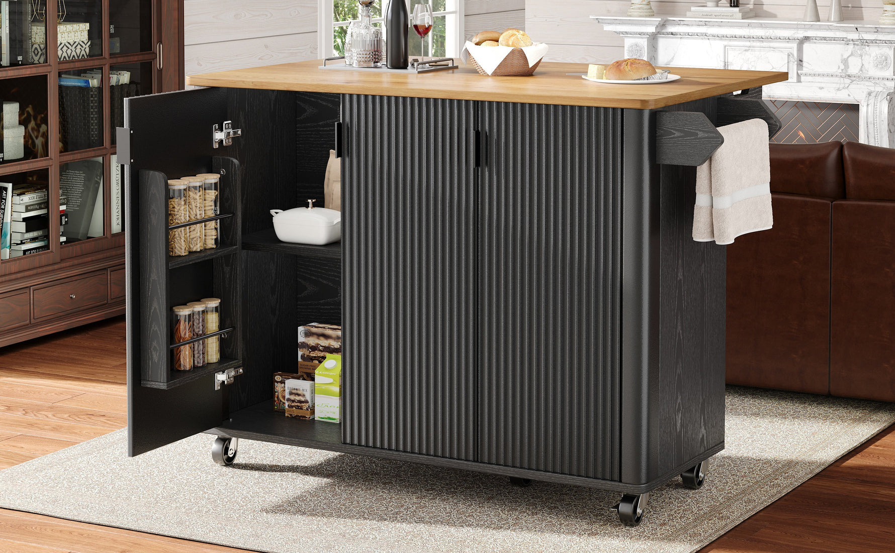 Kitchen Island Extendable 130cm Trolley 3 Doors Spice Rack - White/Black