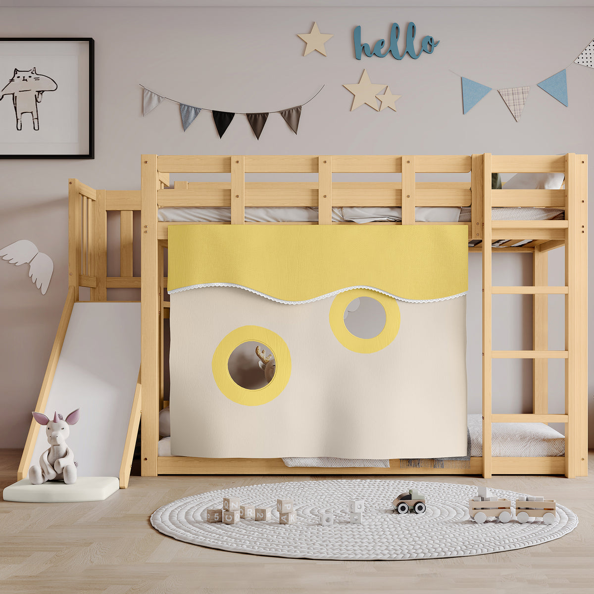 Children's Bunk Bed 90x200cm with Slide & Stairs, Natural Pine