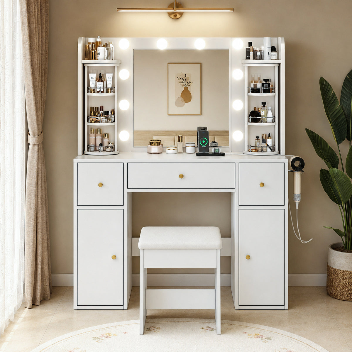 LED Vanity Table with Mirror & Storage Drawers, White