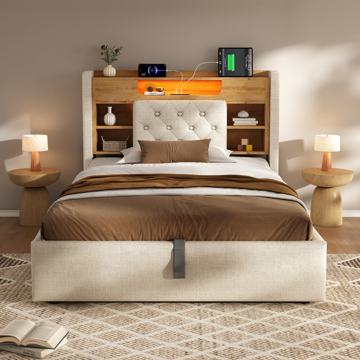 Upholstered Bed 90x200cm with Hydraulic Storage & LED, Beige Linen