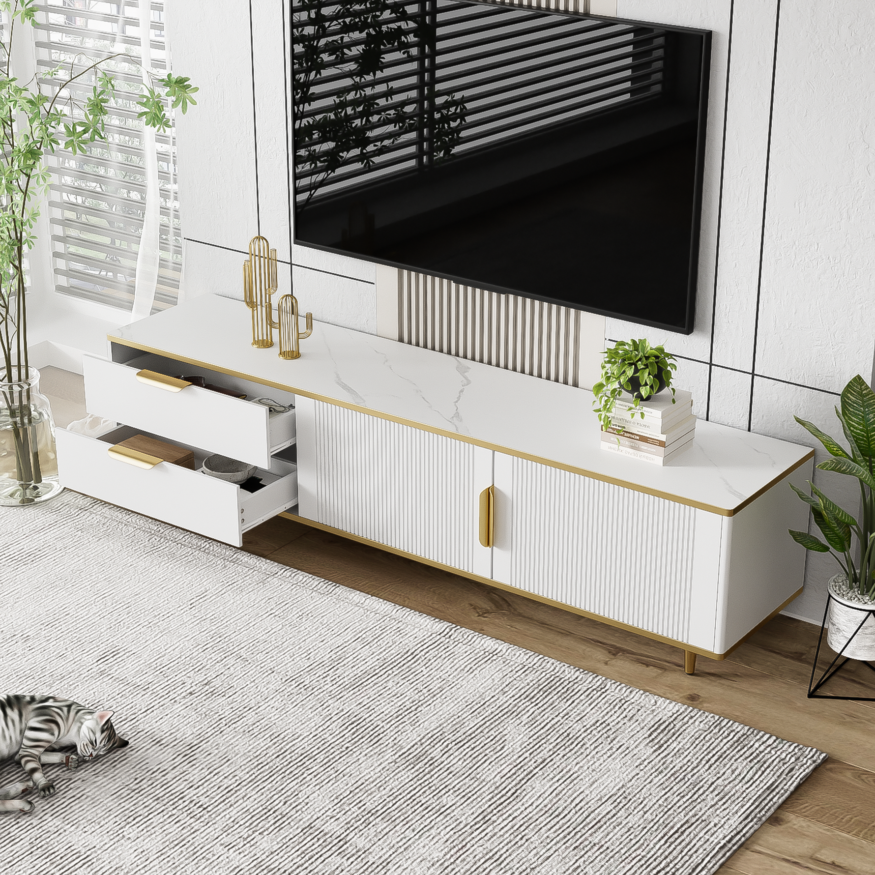 TV Cabinet, Carved Texture with Golden Handles & Feet, Marble
