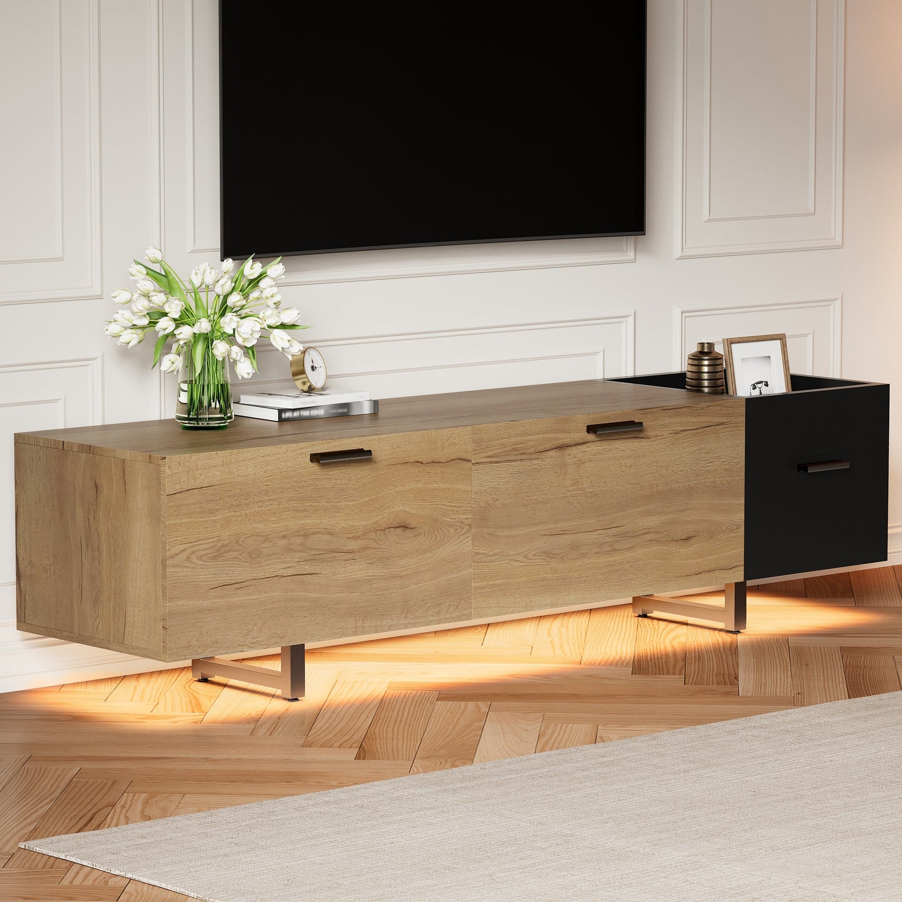 Modern TV Cabinet with Drawers and Open Compartments, Wood and Black