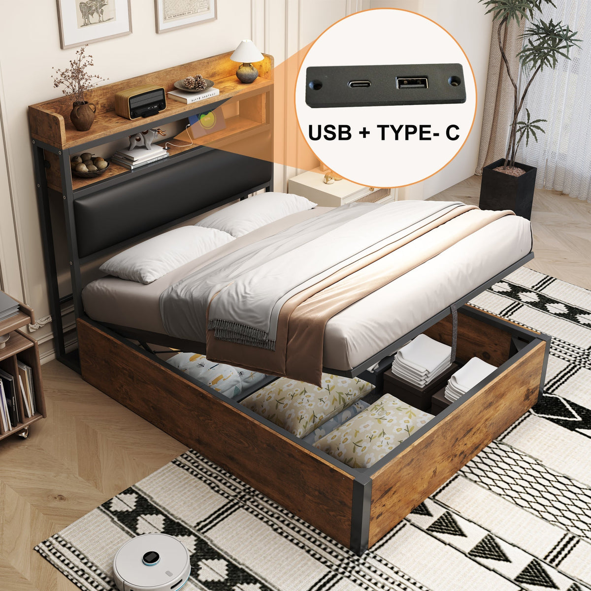 Bed Frame, 90 x 200, Hydraulic Lift, USB, Upholstered Headboard, Black