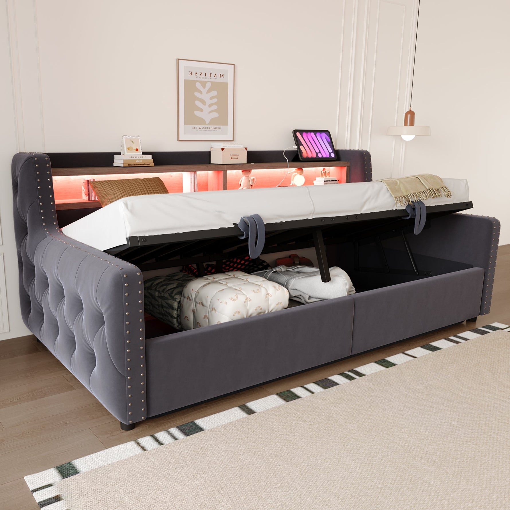 Upholstered Sofa Bed with Hydraulic Storage, LED Lighting and Charging Port, 90x200cm, Dark Grey