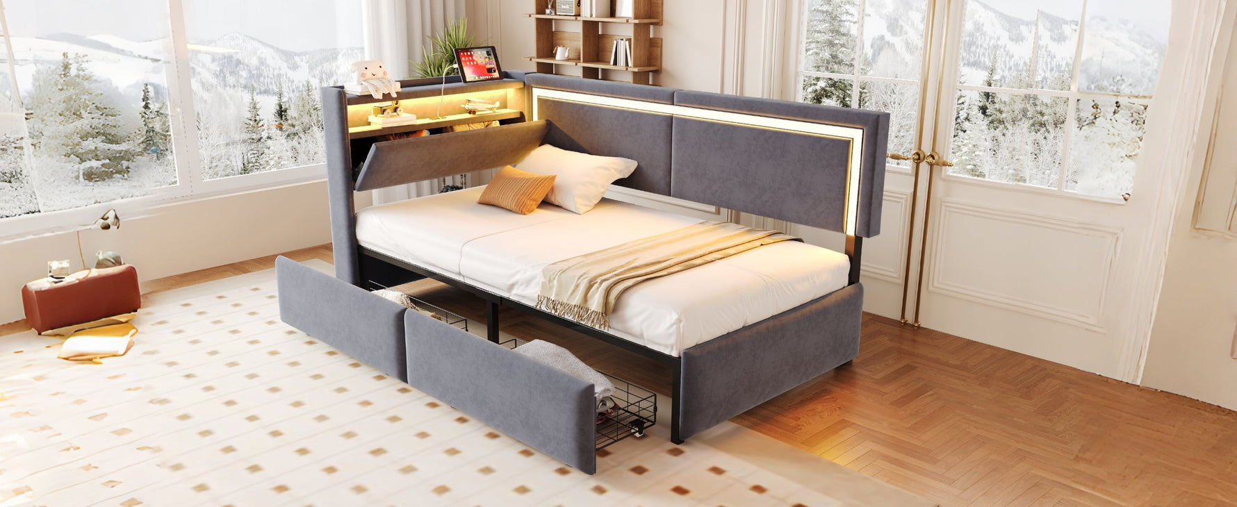 Upholstered Sofa Bed 90x200cm with LED & USB Headboard Storage Drawer Dark Grey Velvet
