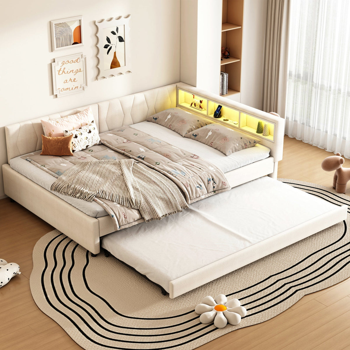 Daybed Sofa Bed 140x200cm Pull-out Bed Storage LED USB/Type-C - Linen Beige