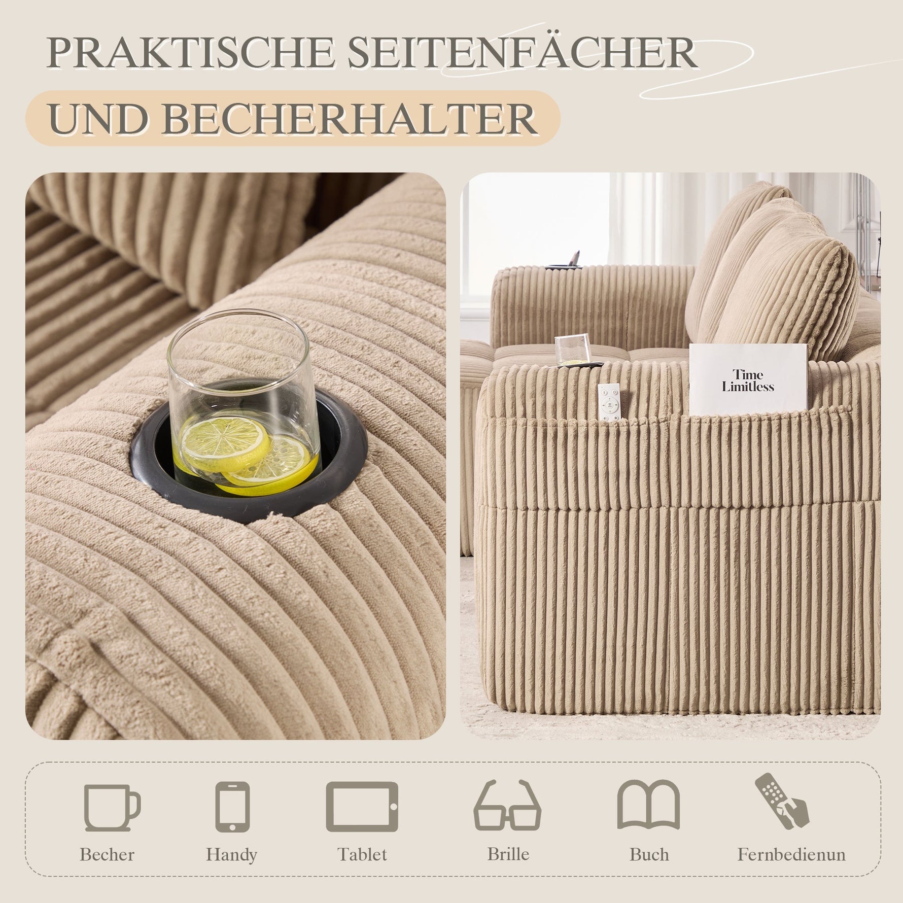 Compact Sofa Modular Side Pocket Cup Holder 3 Cushions - Corduroy Khaki