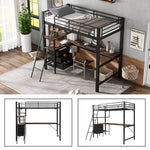 Iron Bunk Bed with Table, 3 Drawers, Ladder, 90x200cm, Black/Dark Walnut