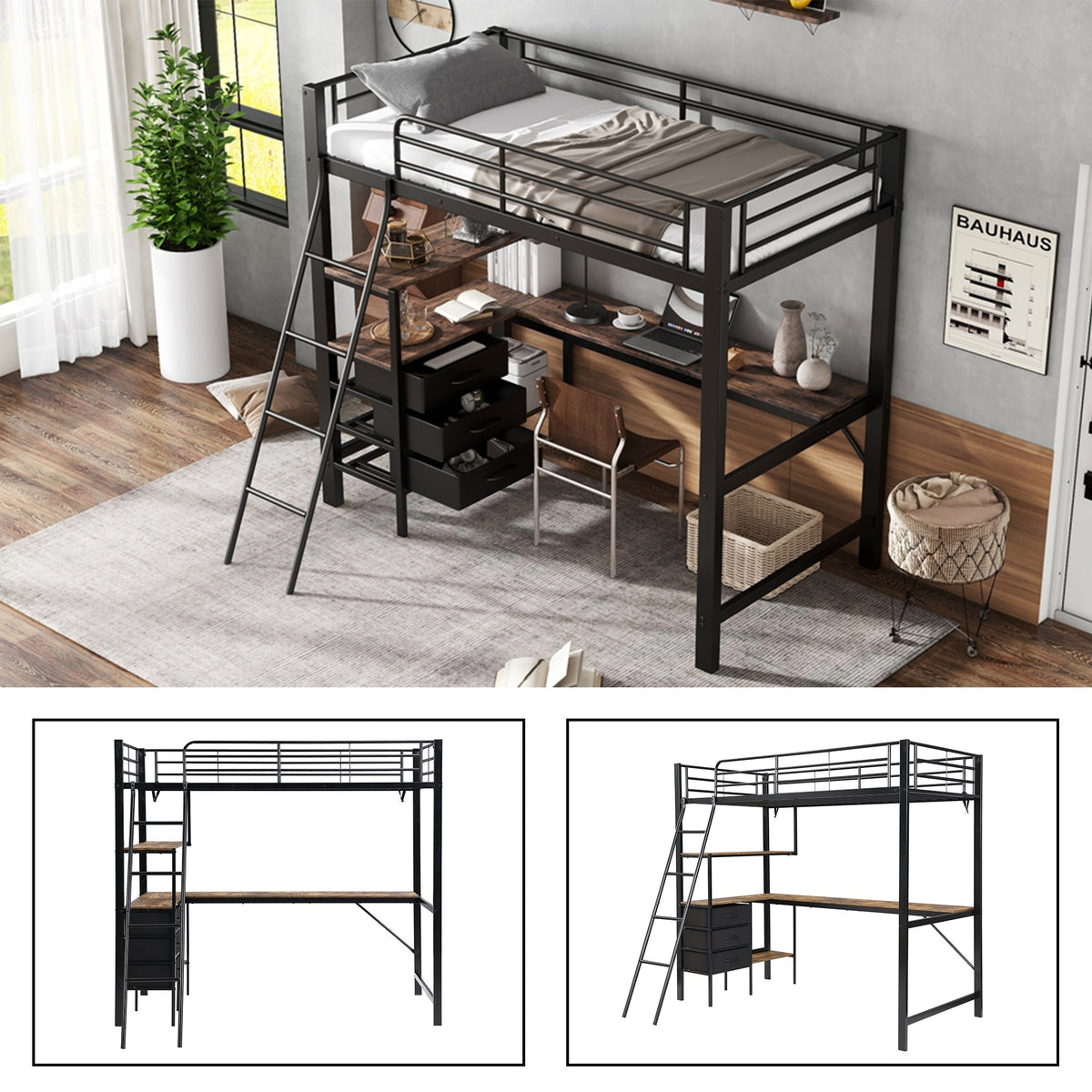 Iron Bunk Bed with Table, 3 Drawers, Ladder, 90x200cm, Black/Dark Walnut