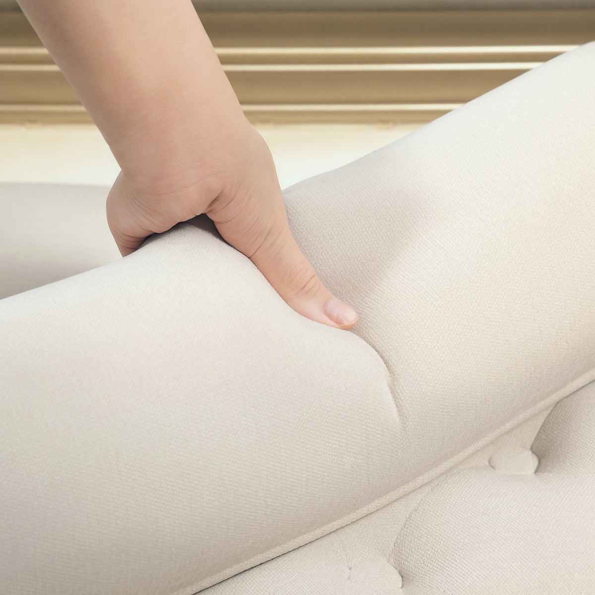 Upholstered Bench, Armrest Bed Bench, 2 Cylinder Cushions, Wooden Frame, Beige Chenille