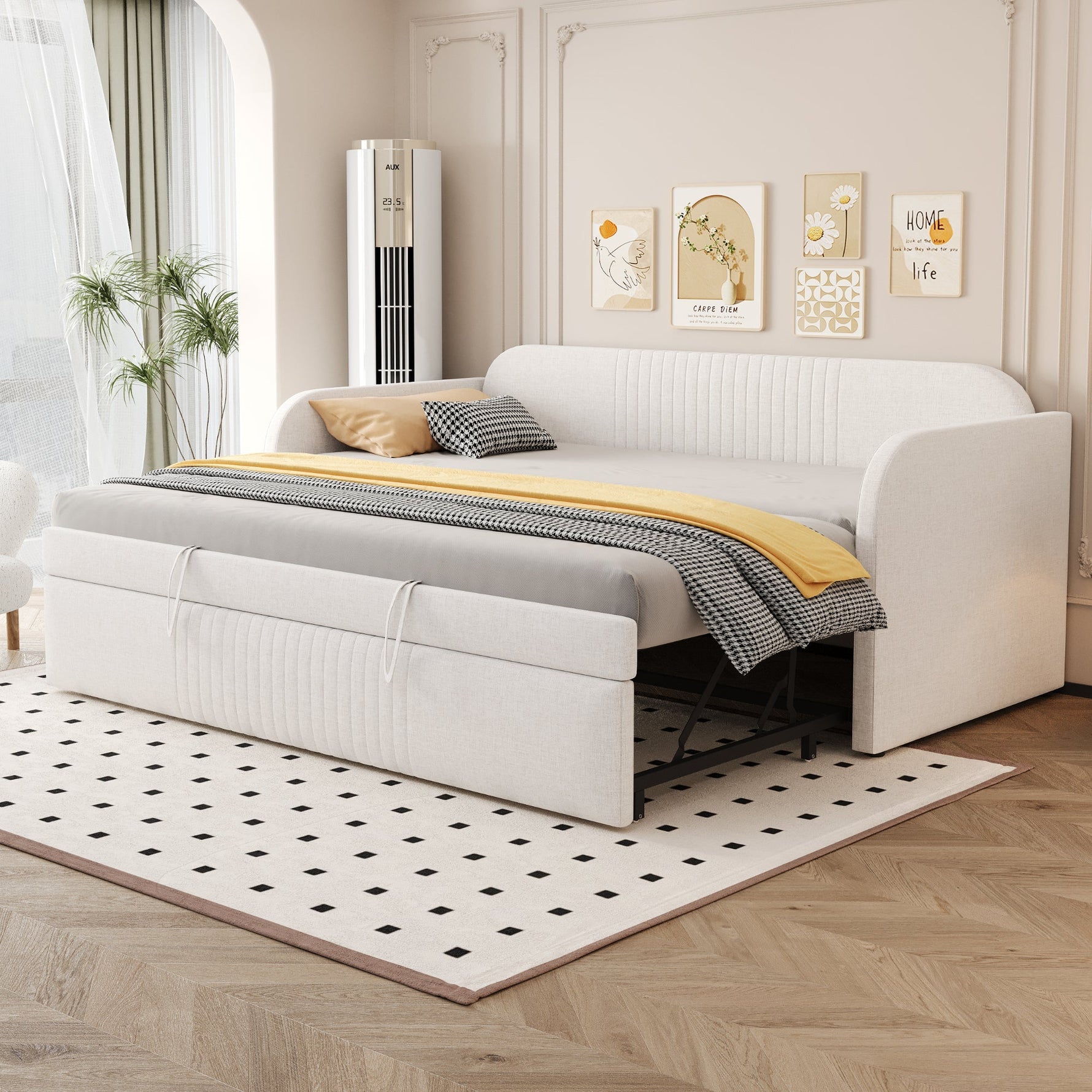 Upholstered Bed Pull-Out Sofa Bed, 90/180*190cm Multifunctional with Slatted Frame, Beige Linen