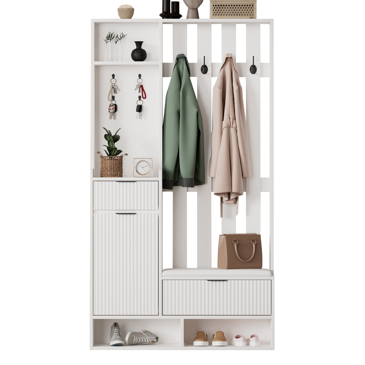 6-in-1 Coat Rack Shoe Cabinet, 8 Hooks, Shoe Bench, Compact Wardrobe Drawers/Shelves, White