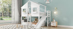 Bunk Bed with Slide, Roof & Window, Safety Gate, 3-Step Ladder, Pine + MDF, White, 90x200cm