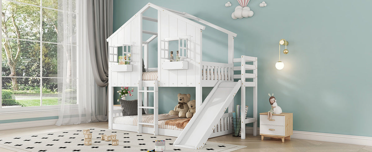 Bunk Bed with Slide, Roof & Window, Safety Gate, 3-Step Ladder, Pine + MDF, White, 90x200cm