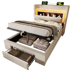 Upholstered Bed 90x200 cm with Hydraulic Storage, LED Lighting and USB Charging, Beige Linen