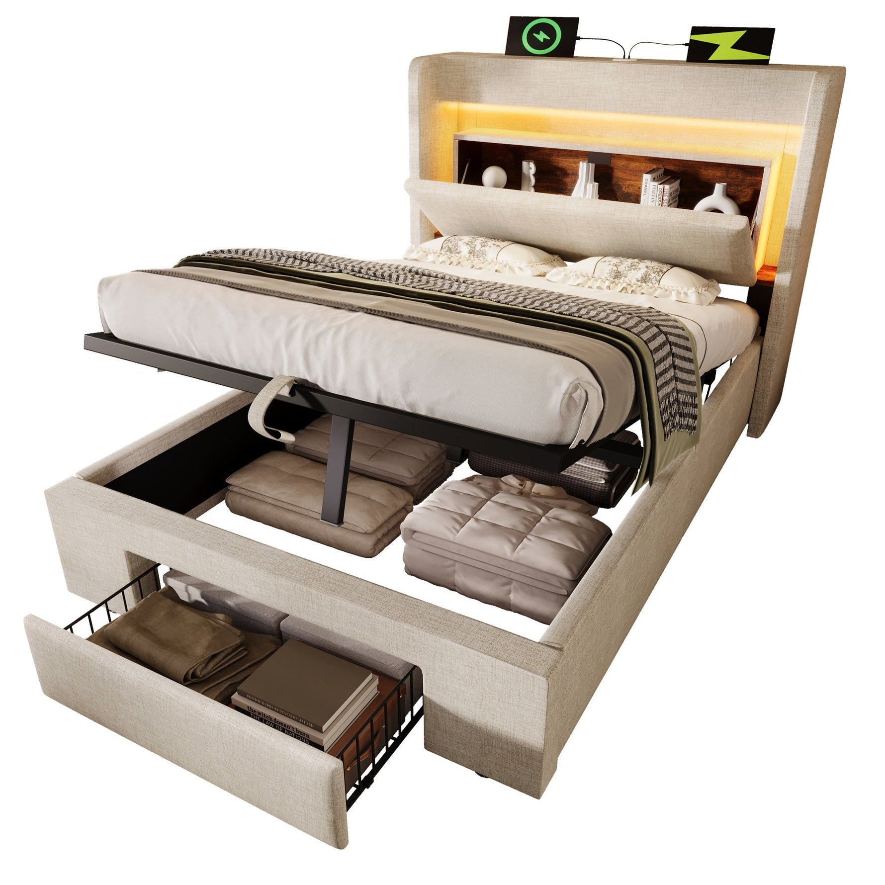 Upholstered Bed 90x200 cm with Hydraulic Storage, LED Lighting and USB Charging, Beige Linen