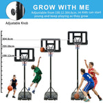 Adjustable children's basketball hoop with measurement scale and kids playing.