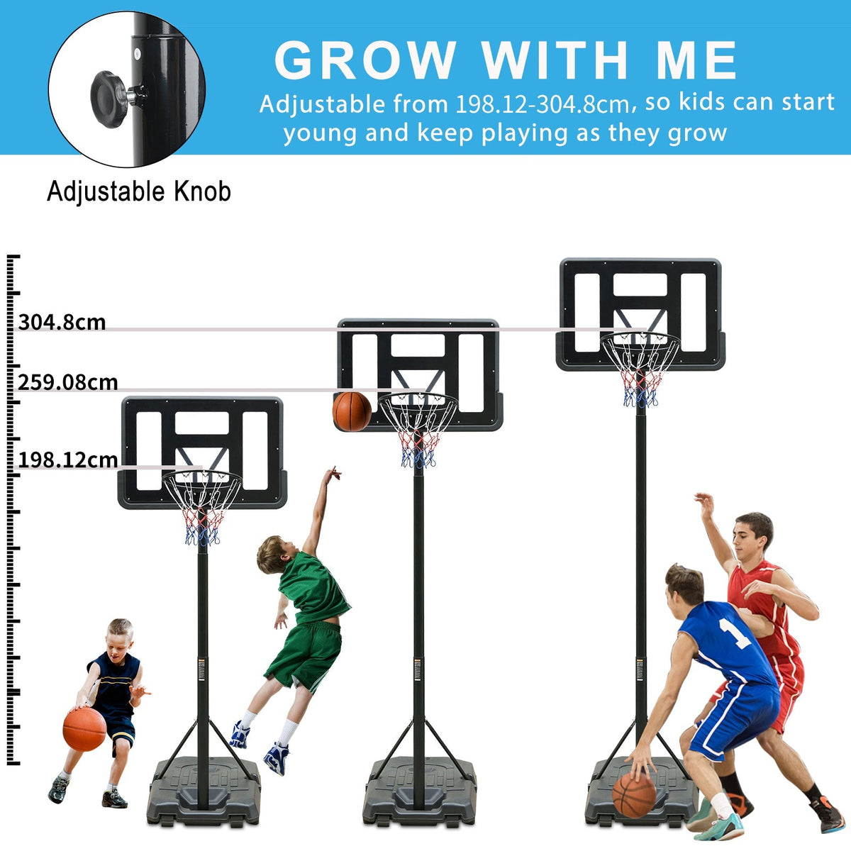 Adjustable children's basketball hoop with measurement scale and kids playing.