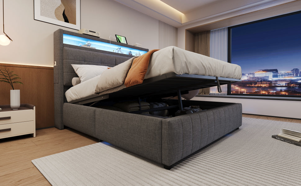 Upholstered Bed 160x200 cm, LED Lighting, USB Socket, Hydraulic Storage, Gray Linen