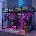 Loft Bed 90x200cm with Desk & LED Strip, Black Iron Frame