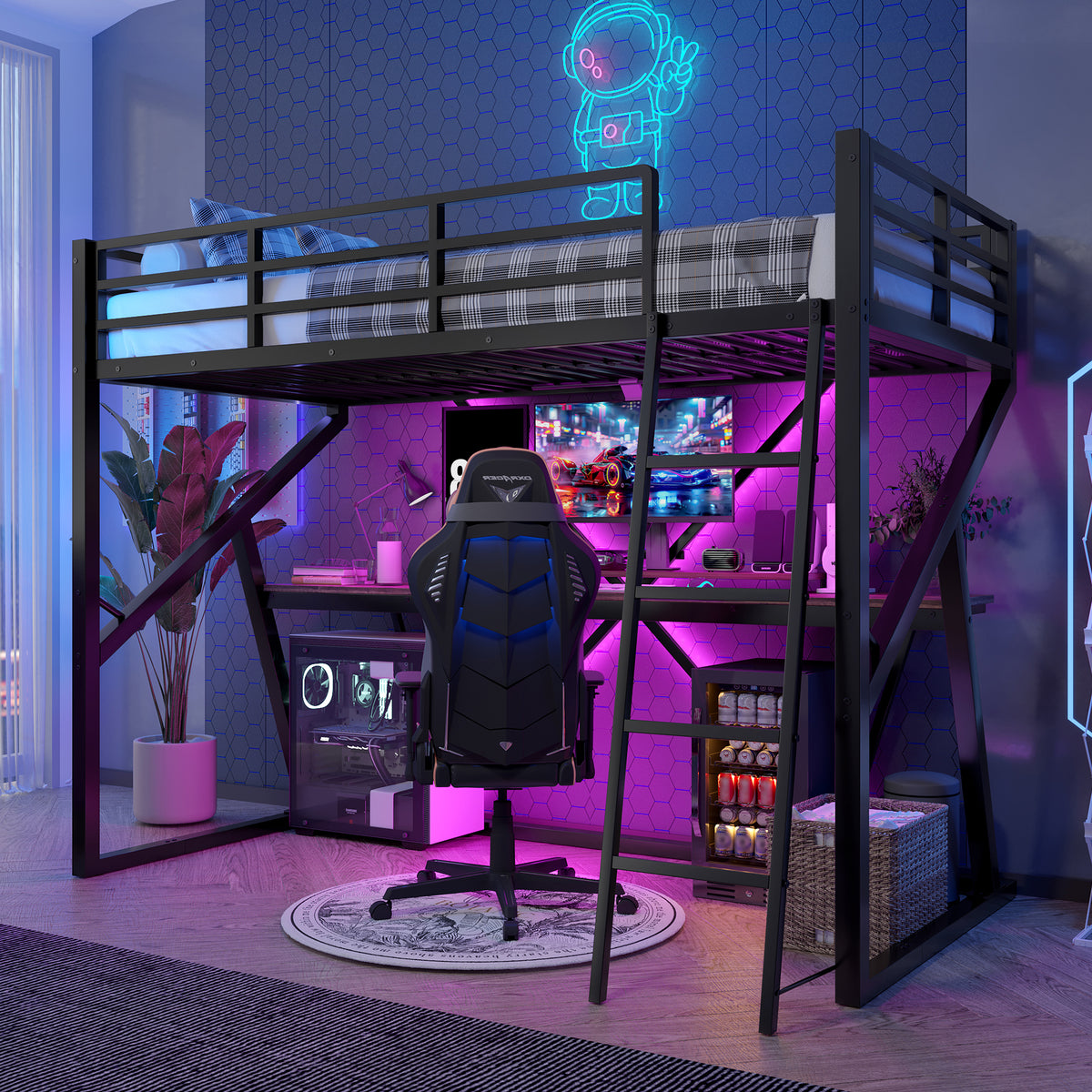Loft Bed 90x200cm with Desk & LED Strip, Black Iron Frame