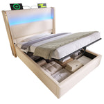 Hydraulic Bed, 90x200cm Single LED Storage USB/Type-C, Linen Look Beige