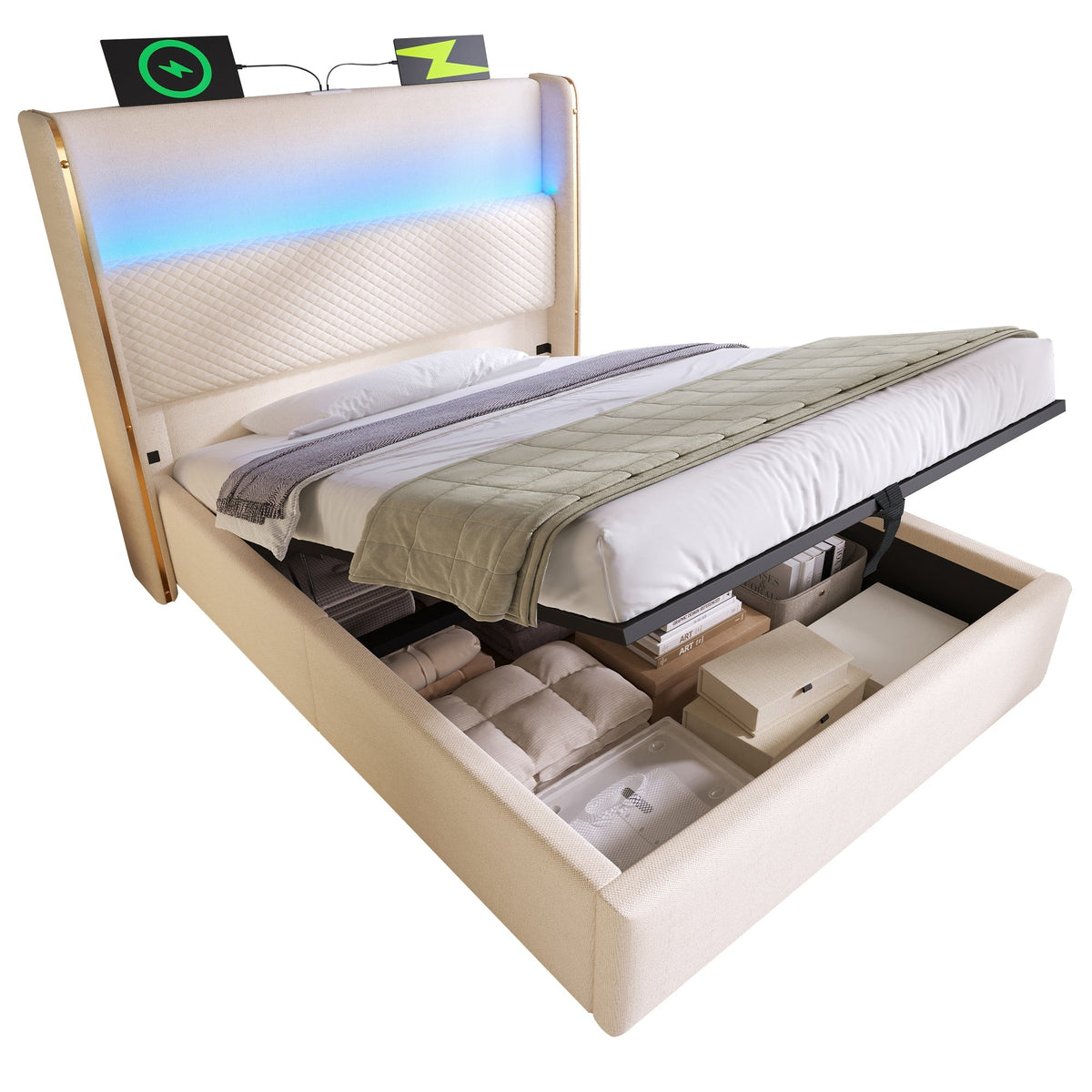 Hydraulic Bed, 90x200cm Single LED Storage USB/Type-C, Linen Look Beige