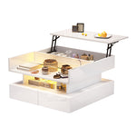 Coffee Table, 80x80x45cm Height-Adjustable Storage LED Lights Tempered Glass, White