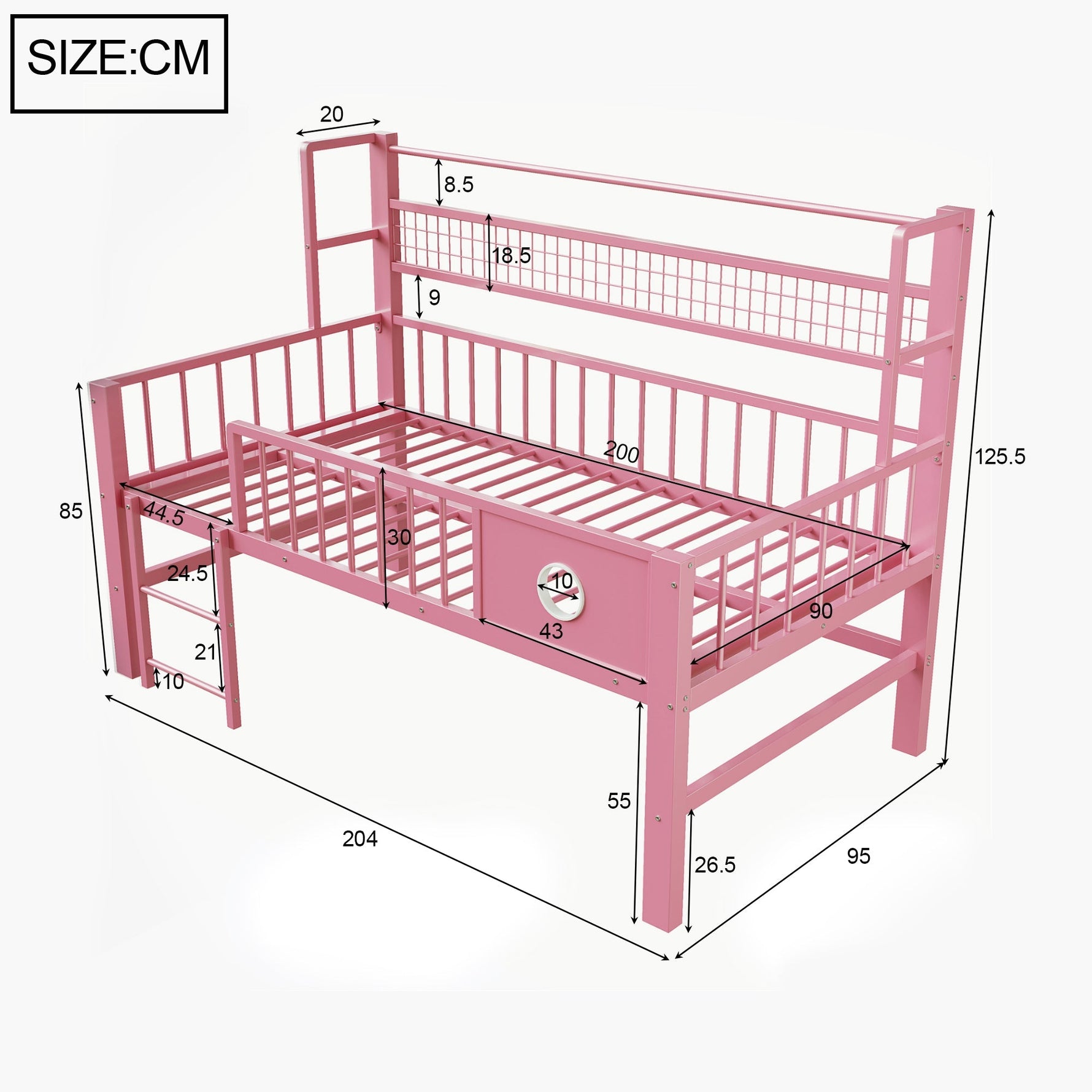 Low Loft Bed with Storage Compartments, 90x200cm, Pink Metal Frame