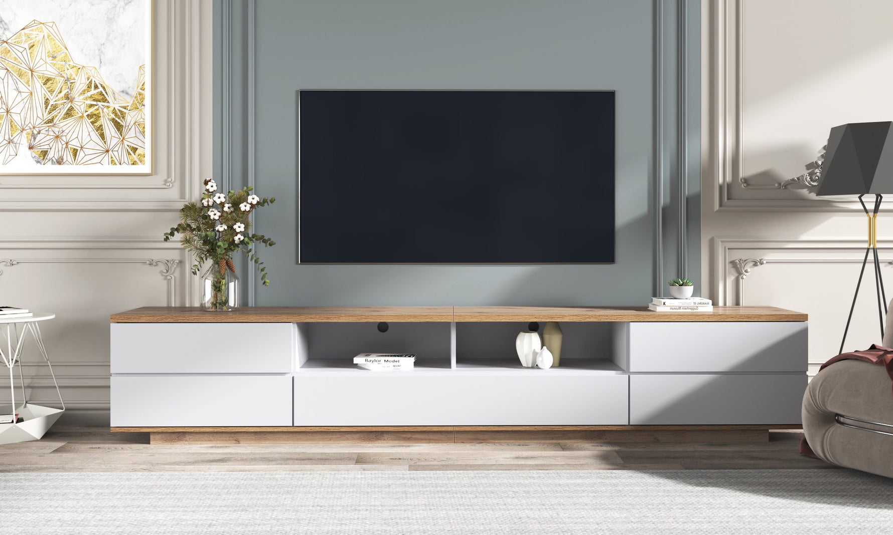 TV Cabinet Modern Color-Block 180cm Wood Grain Finish White