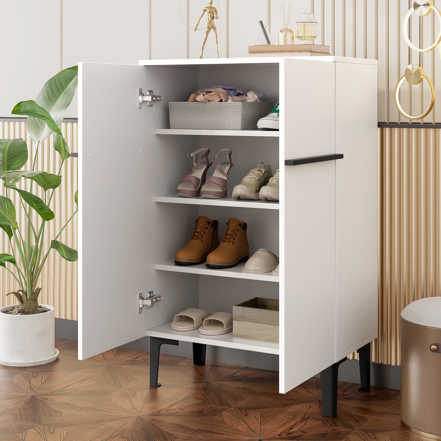 Shoe Cabinet Modern Double Doors Adjustable Shelves 95x60x34.5cm - White