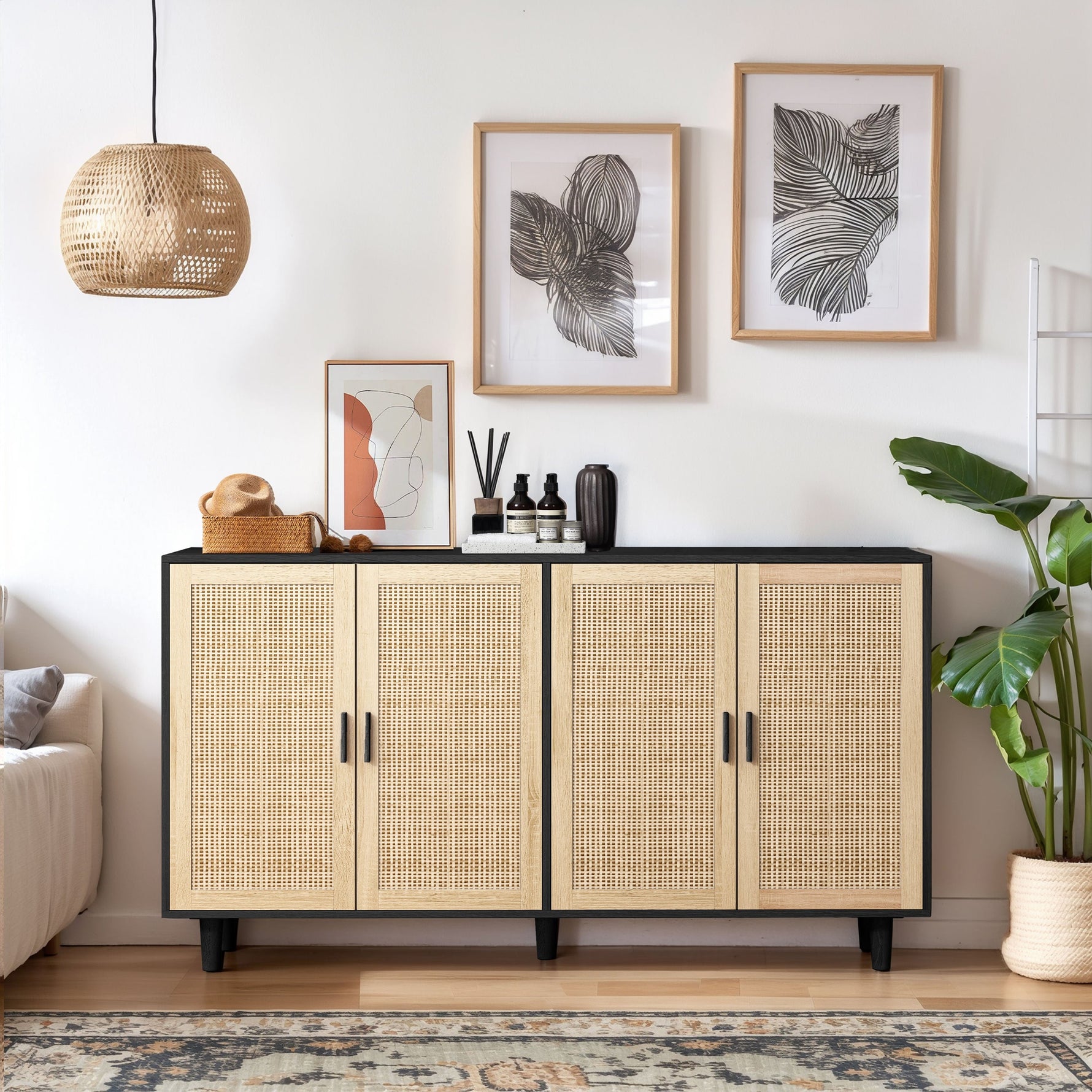 Rattan Storage Cabinet, 158cm 4-Door Decorative, Black
