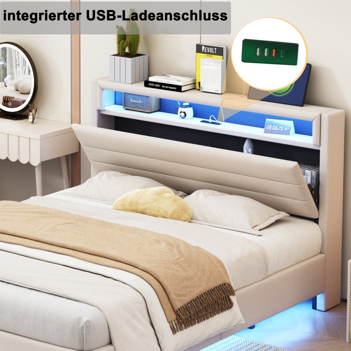 Upholstered Bed 140x200 cm with USB & LED Light, Reversible Headboard, Linen Fabric Beige