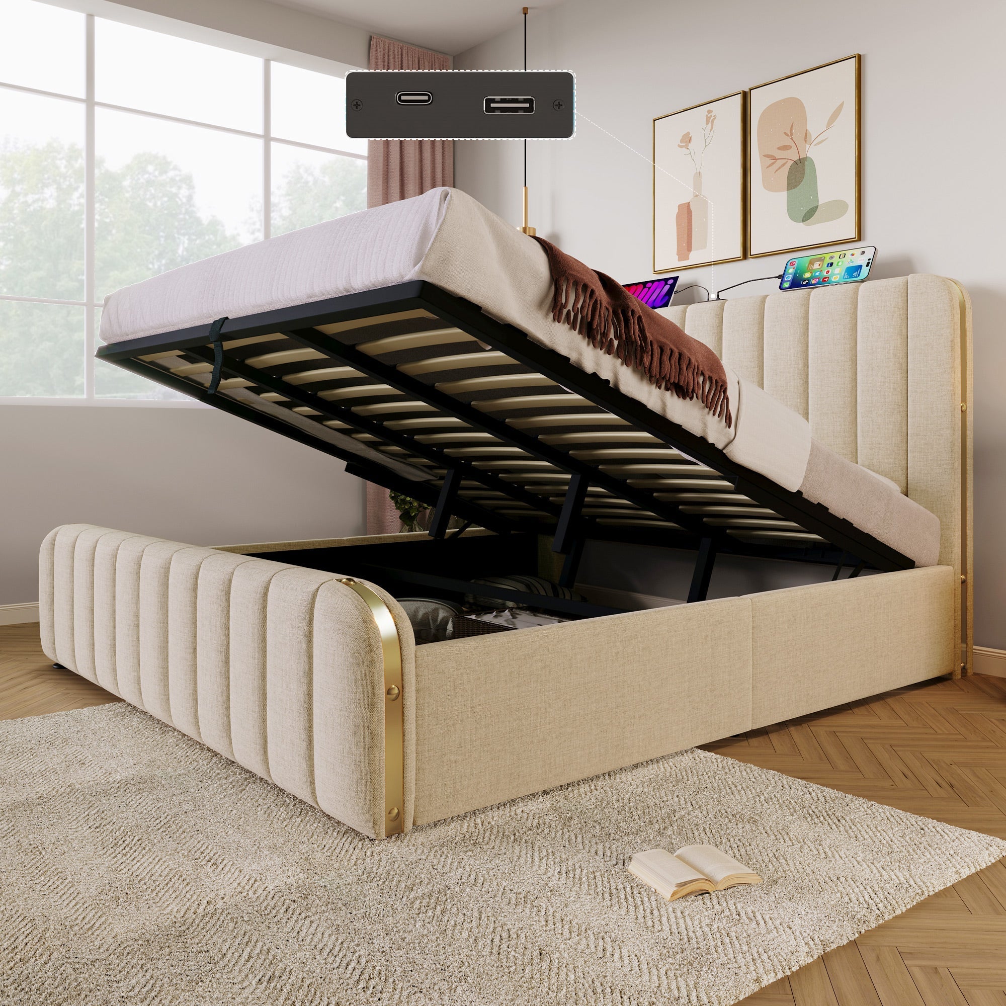 Upholstered Bed with Hydraulic Storage and USB Type-C Charging, 180x200cm, Beige Linen