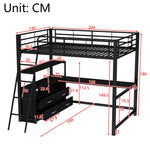 Loft Bed 140x200cm Iron Frame Drawers L-Shaped Desk - Black