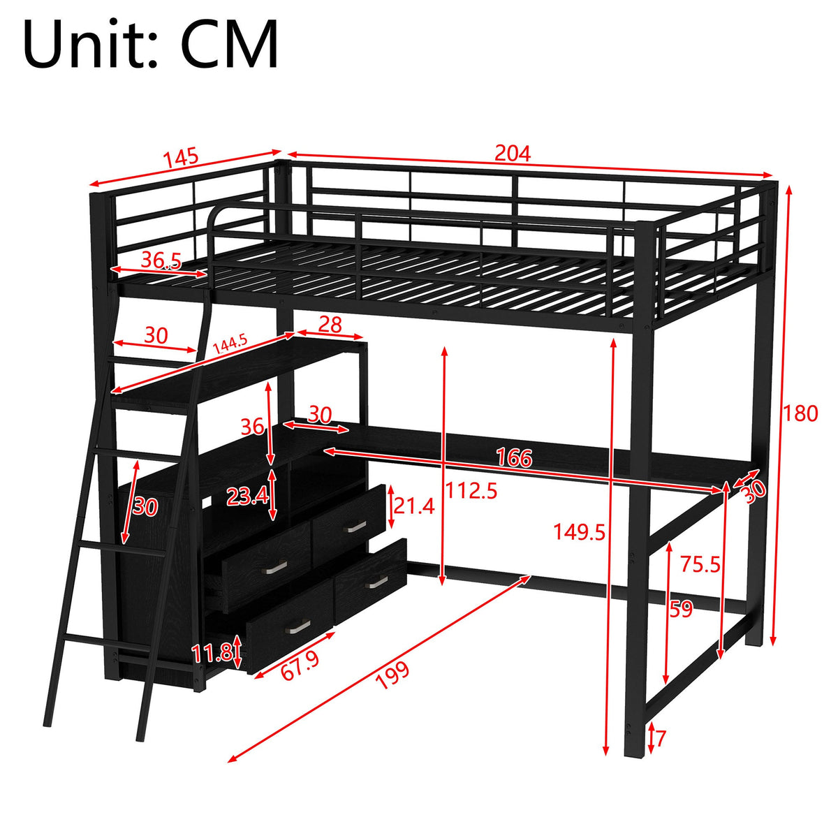 Loft Bed 140x200cm Iron Frame Drawers L-Shaped Desk - Black