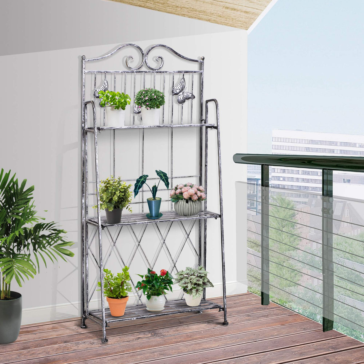 Metal Plant Stand, 3 Tiers Flower Ladder 44x25x96cm, Silver Grey