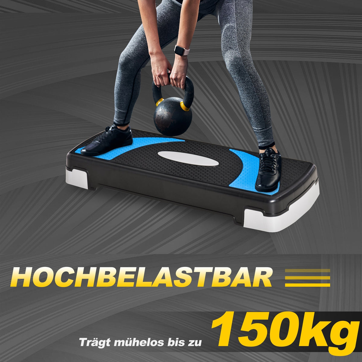 Step board aerobic stepper 3-level adjustable, fitness exercise, 150 kg, light blue