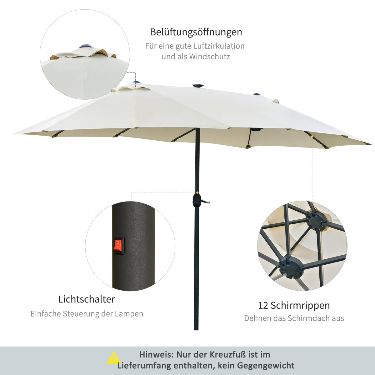Double Parasol LED, 440 x 256 cm, Hand Crank, Cream White